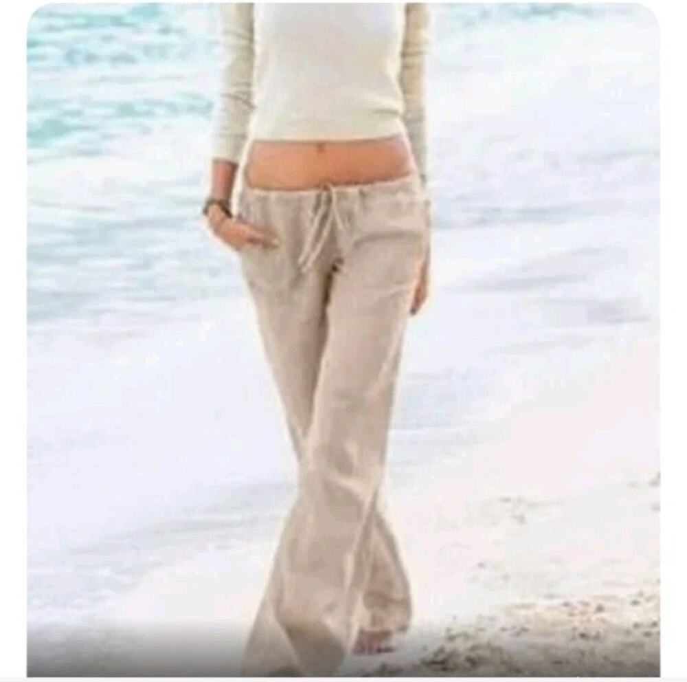 Victorias Secret Linen Pants 6 Long Low Rise Straight Drawstring Relaxed Coastal